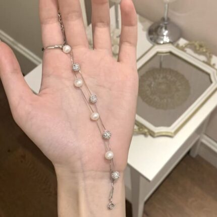 Sterling Silver Double-Layer Pearl Bracelet with Full Diamond Setting