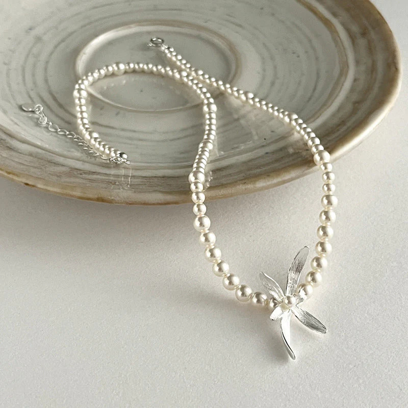 925 Sterling Silver Pearl Orchid Necklace (1) Candy Ribbon Necklace - Image 1